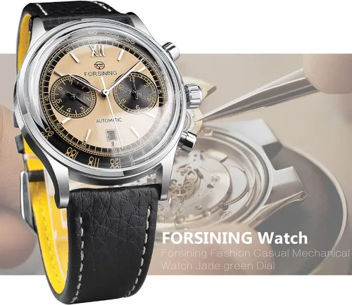 Vista 3 de FORSINING Reloj mecánico retro reloj automático con esfera panda de fecha automática reloj de pulsera de acero inoxidable con correa de cuero negro