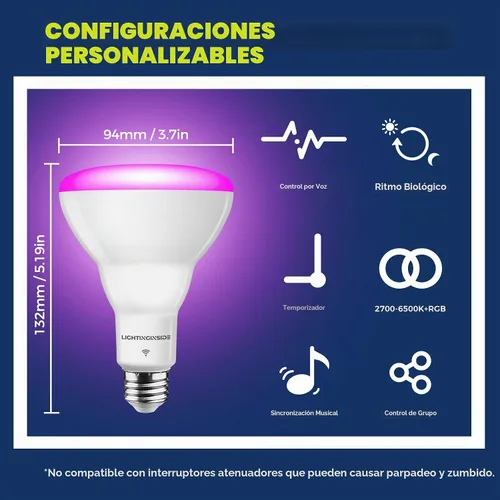 Vista 7 de Lightinginside Bombilla inteligente equivalente a 75 W, 1100 lúmenes, 12 W, RGBCW BR30 E26, funciona con Alexa/Google Home/Smart Life, bombillas LED