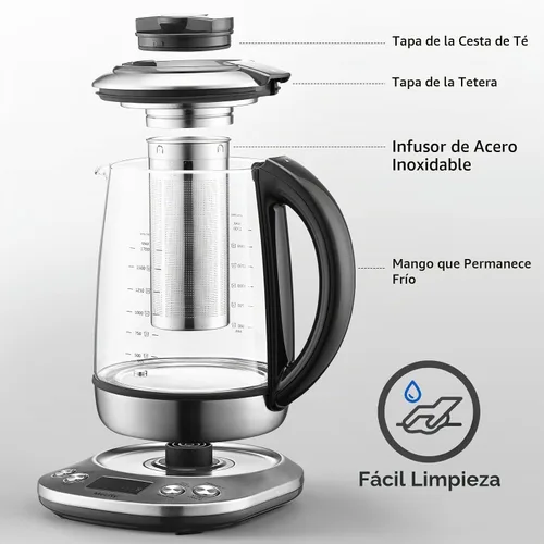 Vista 6 de Mecity Tetera eléctrica de vidrio de borosilicato con control de temperatura e infusor - Pantalla LCD y programas de preparación preestablecidos