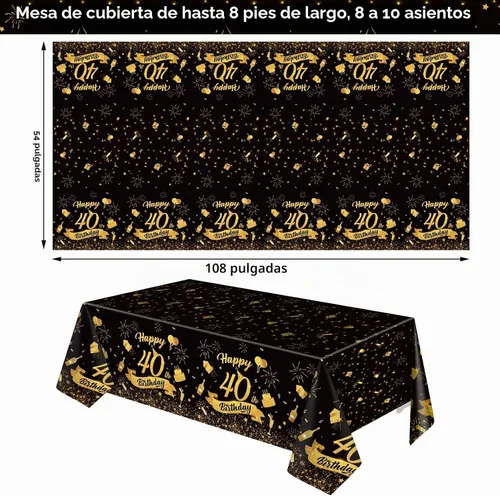Vista 2 de Paquete de 3 manteles de plástico desechables para cumpleaños de 40 años, color negro y dorado 40 cumpleaños