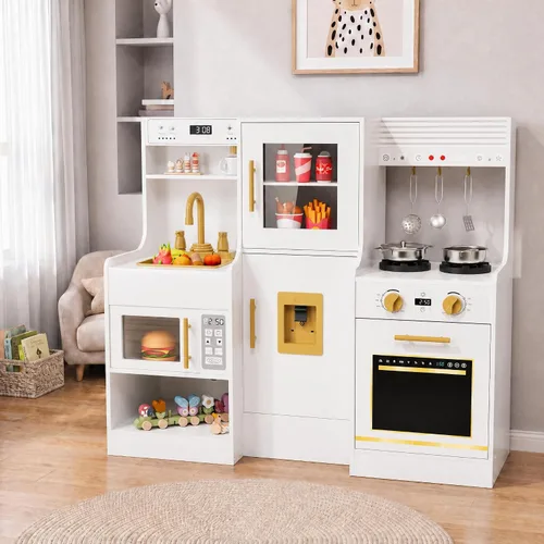 Vista 8 de MAMIZO Cocina de juego de madera para niños, juego de cocina de juguete para niños, juego de cocina interactivo grande con 6 utensilios de cocina