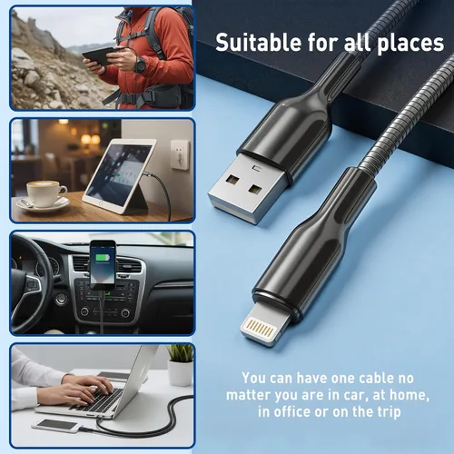 Vista 3 de Cable de carga para iPhone de 6 pies con certificación MFi para gatos y perros, cable Lightning trenzado de metal con carga rápida 3A, compatible