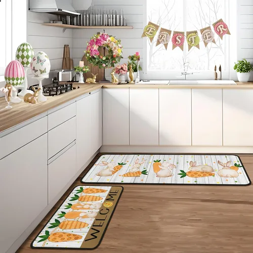 Vista 5 de Juego de 2 alfombras y tapetes de cocina de conejo de zanahoria y conejo, decoración de Pascua antideslizante, decoración de Pascua para el hogar