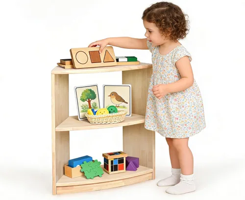Vista 5 de Estante de almacenamiento Montessori curvado de 3 niveles - Organizador infantil para juguetes, libros y suministros de arte, muebles de gabinete