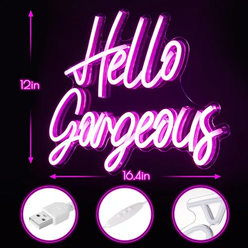 Vista 3 de Kavaas Letreros de Neón Hello Gorgeous para Decoración de Pared, Letrero de Luz de Neón Hello Gorgeous con Interruptor Regulable - Letrero Hello