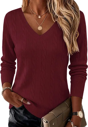Vista 17 de Ekouaer Suéter de punto trenzado con cuello en V para mujer, manga larga Negro