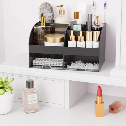 Vista 7 de Organizador de maquillaje con cajones, almacenamiento de cosméticos para tocador y encimera de baño, soporte de belleza para lápiz labial y brochas