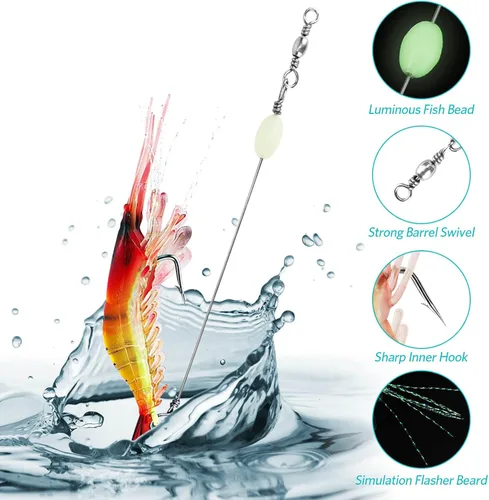 Vista 2 de Juego de 10 señuelos de pesca de agua salada para camarones, aparejos de pesca de camarones suaves de alta calidad con ganchos afilados luminosos