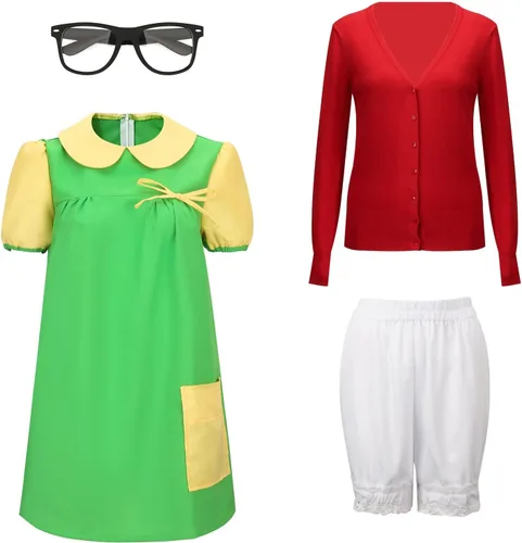 Vista 3 de Women Costume Green Dress Red Knit Cardigan Shorts Glasses Full Set Halloween Cosplay Outfit