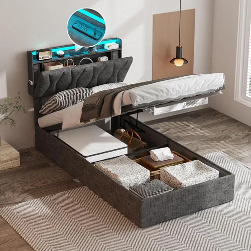 Vista 10 de Fameill - Base de cama tamaño matrimonial con plataforma de almacenamiento abatible, cabecero con altura ajustable y estación de carga, cama