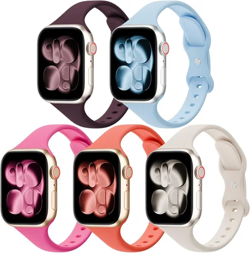 Vista 13 de Paquete de 5 bandas de silicona delgadas compatibles con Apple Watch de 38mm 42mm 40mm 44mm 41mm 45mm 46mm 49mm, correa deportiva estrecha y delgada