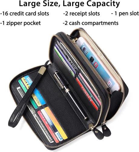 Vista 2 de SENDEFN Cartera grande de cuero con bloqueo RFID y cremallera alrededor para mujer, tarjetero de crédito con bolsillo con cremallera, Doble