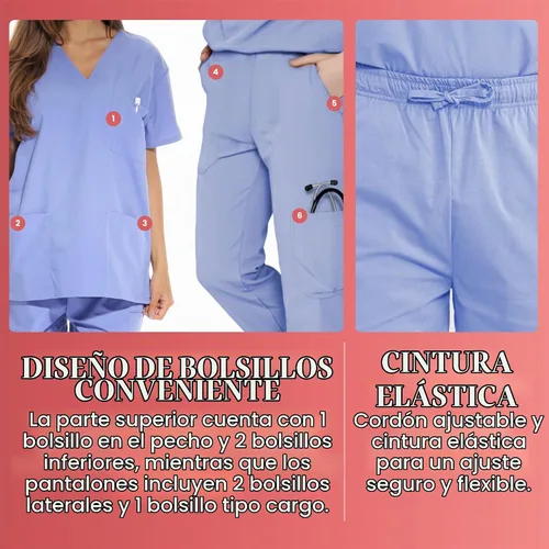 Vista 4 de Just Love Juego de uniforme médico para mujer de seis bolsillos con cuello en V y pantalón cargo Negro