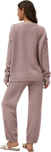 Vista 2 de Lauweion Women's Two Piece Sweater Sets Knit Open Front Cardigan and Wide Leg Pants Fall Lounge Outfits