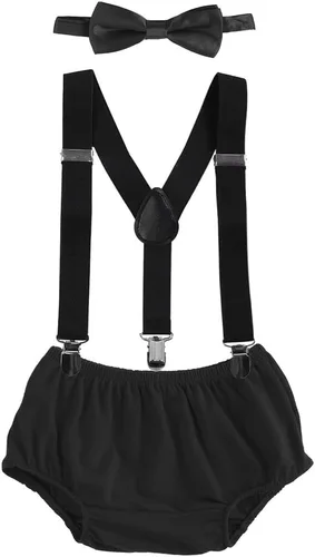Vista 15 de Conjunto de ropa para festejar el primer cumpleaños de bebés, calzón pañalero con tirantes y corbata de moño. Beige & Blue