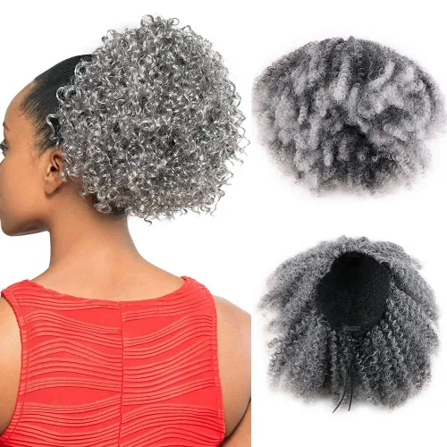 Vista 10 de Extensión de cabello sintético con cordón para coleta afro rizado para mujeres negras, onda corta (#1B, negro naturaleza)