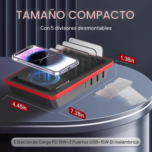 Vista 3 de Estación de carga para múltiples dispositivos, estación de carga de 4 puertos de 85 W con potentes puertos USB C PD de 18 W, cargador inalámbrico QI