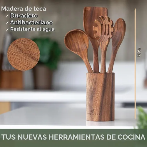 Vista 3 de WALDWERK Cucharas de madera para cocinar, juego de utensilios de cocina de 4 piezas con cucharas de madera de teca, espátula, servidor de pasta