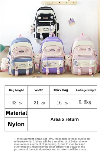 Vista 4 de Juego de mochila Kawaii de 5 piezas, bonita mochila escolar estética, suministros juveniles, conjunto de mochila y accesorios, Negro Schoolbag8