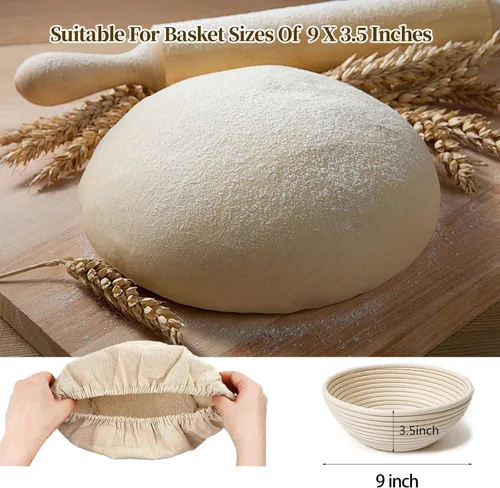 Vista 3 de Banneton - Cesta de prueba de pan, juego de 2 cestas (redondas de 9 pulgadas) – Banneton de ratán natural con 4 forros de lino – Cesta de pan