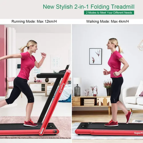 Vista 2 de GYMAX Caminadora Compacta, Caminadora Plegable de Doble Pantalla de 2.25HP para el Hogar con Control Remoto/Aplicación Inteligente, Caminadora