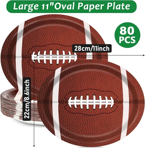 Vista 2 de 80 platos de papel ovalados de fútbol grandes de 11 pulgadas desechables de rugby americano, platos deportivos de rugby americano, para retoque