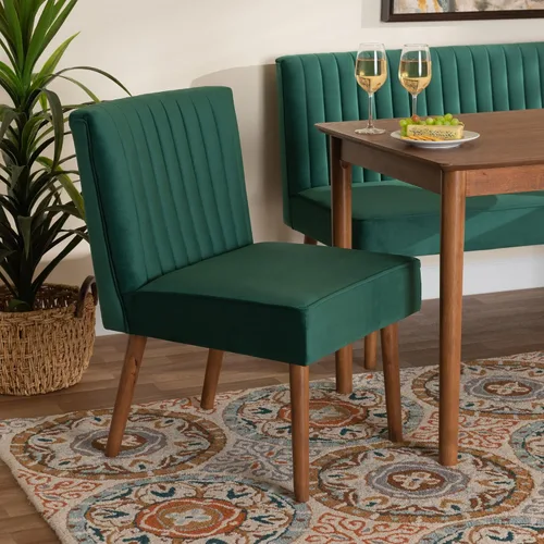 Vista 2 de Baxton Studio Alvis Mid-Century - Silla de comedor de madera tapizada en terciopelo verde esmeralda y acabado marrón nogal