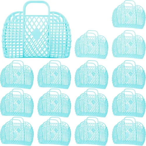 Vista 9 de Hsei 16 bolsas de gelatina para niñas, cesta de Pascua, reutilizable, bolsa de playa de plástico para playa, cesta de regalo para niños y niñas Beige