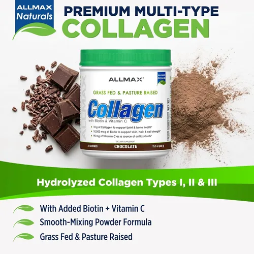Vista 2 de ALLMAX Colágeno en polvo de chocolate, péptidos de colágeno hidrolizados, colágeno bovino alimentado con hierba, vitamina C y biotina