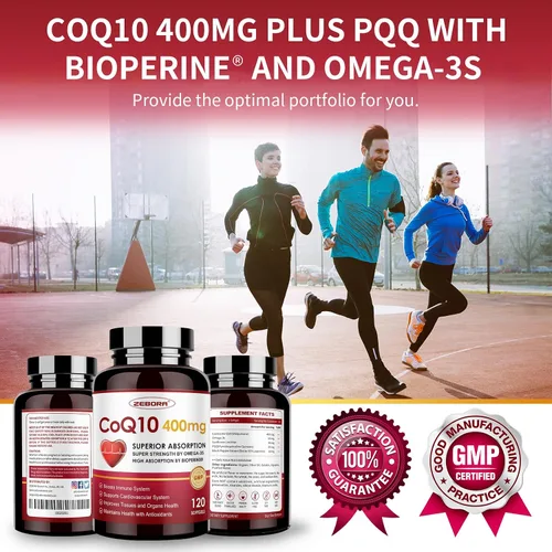 Vista 7 de ZEBORA CoQ10-400mg-Cápsulas blandas con PQQ, BioPerine y Omega-3, suplemento de coenzima Q10 (ubiquinona) para alta absorción, potente antioxidante