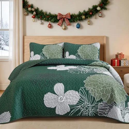 Vista 28 de Anibedding Juego de edredón con estampado floral verde, tamaño King, colcha de 3 piezas, elegante colcha de flores bohemias con 2 fundas de Gris