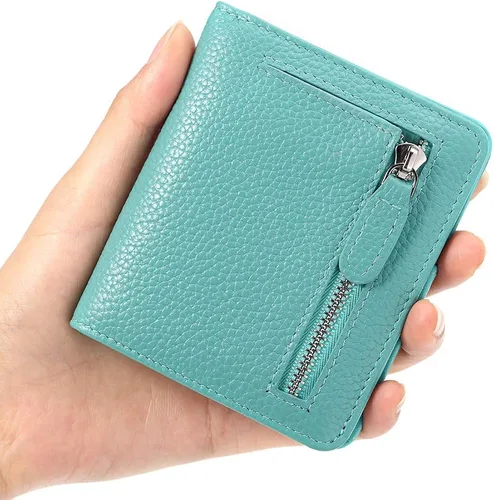 Vista 4 de Funtor Cartera de cuero para mujer, pequeña y compacta, con bolsillo doble, bloqueo RFID, para mujer