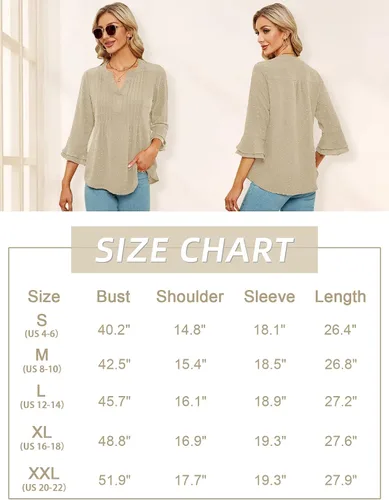 Vista 4 de Blusas de gasa para mujer, manga 34, cuello en V, plisadas, con volantes, lunares suizos, blusas de trabajo para mujer, linda camisa de verano