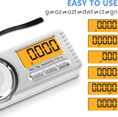 Vista 3 de THINKSCALE Báscula digital de miligramo, 0.71 oz x 0.00 oz Mini báscula de alta precisión con pantalla LCD, tare, 6 unidades de báscula portátil