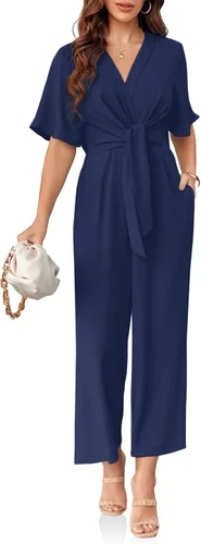 Vista 2 de GAMISOTE Enterizo de pierna ancha para mujer, manga corta, nudo frontal, overol largo de verano