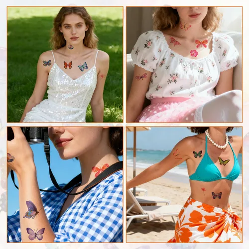 Vista 6 de 100 tatuajes temporales de mariposa, coloridas flores de mariposa pequeñas, calcomanías de tatuaje, impermeables, lindos tatuajes pequeños