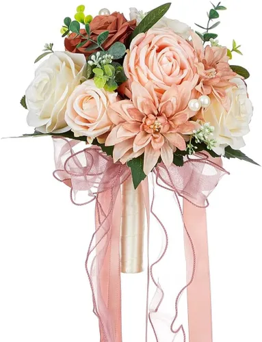 Vista 12 de CYANLUX Ramos de Bodas para Novia y Dama de Honor, Ramos de Champán, Rosas Artificiales Blancas para Bodas, San Valentín, Iglesia, Decoración
