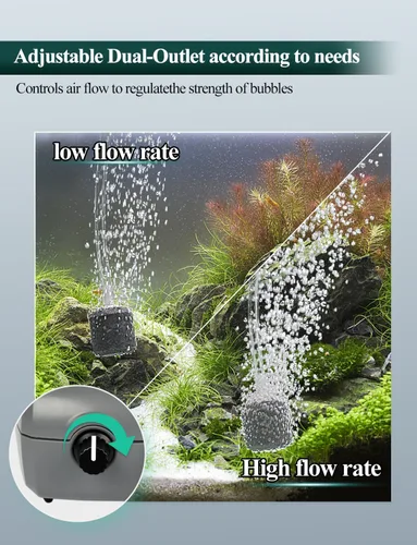 Vista 6 de UPETTOOLS Bomba de aire para acuario, color gris, bomba de aire para tanque de peces con accesorios, bomba de oxígeno de doble salida ajustable