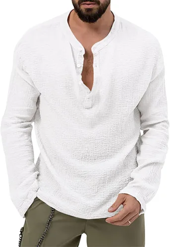 Vista 9 de Camisa Henley con botones para hombre, cuello redondo, ligera, de manga larga, casual, holgada, transpirable, a la moda