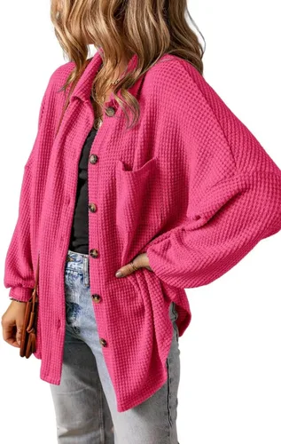 Vista 4 de DARKRANI Chaqueta de punto gofre para mujer, manga larga, casual, con botones, blusas elegantes