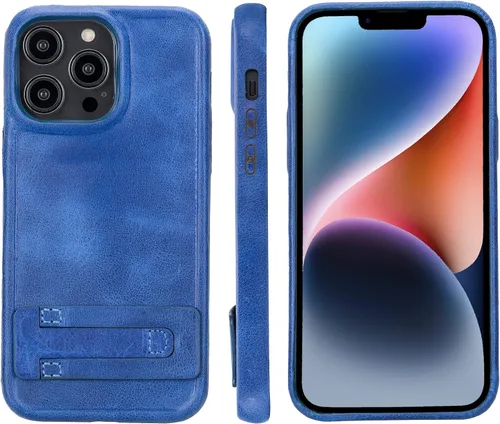 Vista 10 de Bayelon Funda de casco para iPhone 14 Plus - Funda delgada 360 de grano completo - Funda de cuero con función de atril (marrón oscuro)