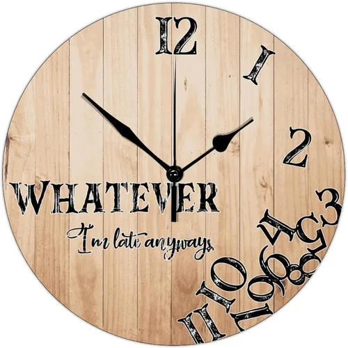 Vista 12 de Reloj de pared de 10 pulgadas, de grano de madera rústica, divertido con texto en inglés "Whatever I'm Late Anyways", reloj de pared vintage