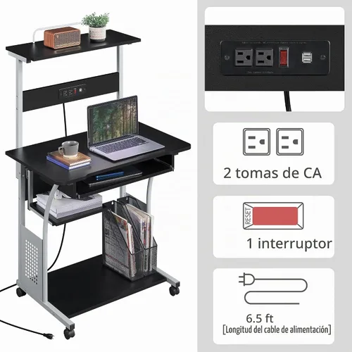 Vista 5 de Yaheetech - Escritorio pequeño con ruedas para computadora de 3 niveles, toma de corriente, color negro Engineered wood tiers and metal frame suit