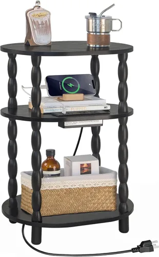Vista 13 de MaxSmeo Mesa auxiliar negra, mesa auxiliar ovalada pequeña de 3 niveles, mesita de noche moderna, mesa decorativa de madera para sala de estar, Negro