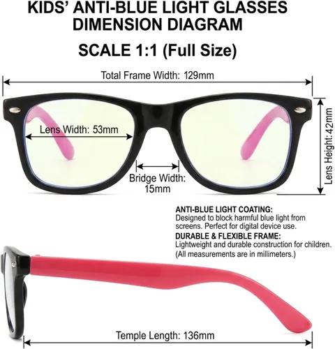 Vista 2 de Lentes rectangulares digitales con bloqueo de luz azul para niños y niñas de 5 a 12 años