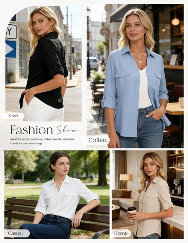 Vista 2 de GRACE KARIN Camisas con botones para mujer, cuello en V clásico, manga 3/4, blusas básicas elegantes sin arrugas