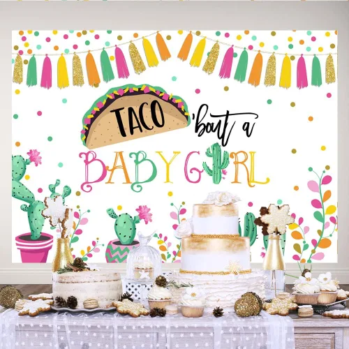 Vista 3 de Lofaris Taco Bout a Baby Girl - Telón de fondo para fiesta mexicana, decoración de baby shower, cactus neutro, sombrero de vaquero, banderas