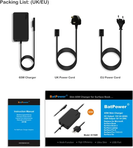 Vista 6 de BatPower Cargador para portátil de superficie de 15 V 4 A, 65 W, compatible con Microsoft Surface Book Laptop 4 3 2 1 Surface Pro X 7 6 5 4 Go
