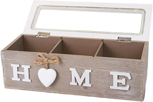 Vista 6 de Wooden Tea Box Storage Holder Organizer Container with Lightweight Structure and Secure Lid Suitable for Jewelry Organizer Display Home, 3 Grid