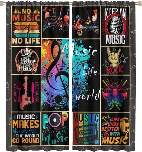 Vista 54 de Cortinas de música rock para adolescentes, tratamiento de ventana de guitarra electrónica para dormitorio, sala de estar, cortinas de ventana
